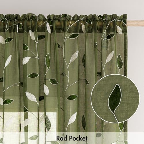 MIULEE Christmas Olive Green Sheer Curtains Leaf Patterned, W52 x L96 - Image 6