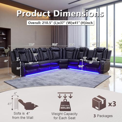 Power Reclining Leather Sectional Sofa Set, 6-Seater Black Sectional Couches - Image 2