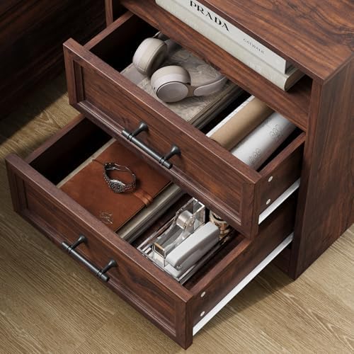 YANSNWO Walnut Nightstand with Charging Station, 19.7" 2-Drawer End Table - Image 6