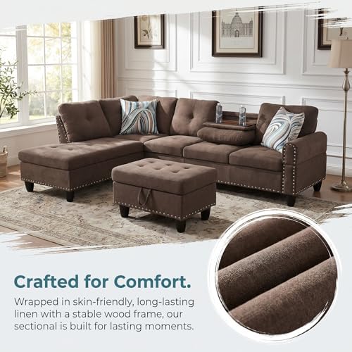 L-Shaped Couch Set, 97.5" L x 69.5" W Sectional Sofas Linen Brown - Image 5