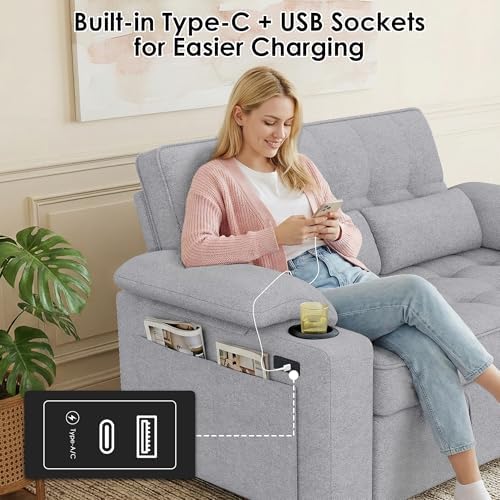 58'' Convertible Sofa Bed with USB Charger and Cup Holders, Teddy Fabric - Image 4