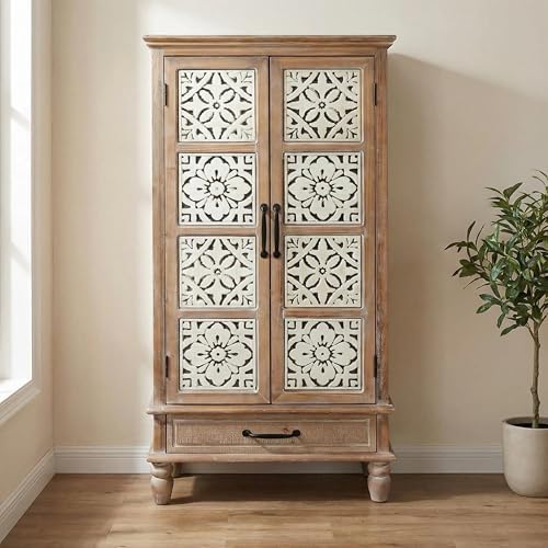 LKTART 55" Tall Carved Accent Cabinet, Solid Wood Sideboards Buffet Cabinet by LKTART