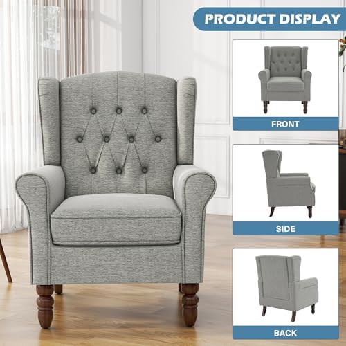 High Back Accent Chairs Set of 2, Light Gray Fabric Wingback Armchair - Image 6