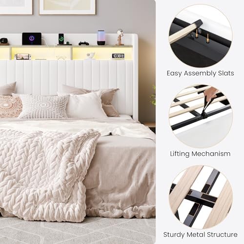 SHA CERLIN King Size LED Lift Up Storage Bed Frame Charging Station - Image 6