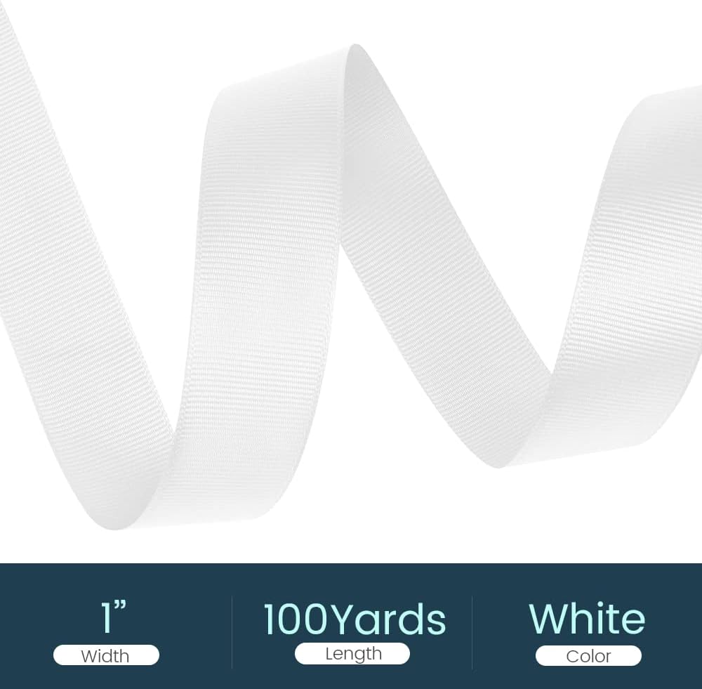 1" X 100 Yards White Grosgrain Ribbon, Premium Grosgrain Ribbon for Sewing, Gift Wrapping, Bow Making, Wedding Decor, Wrapping and More (White)