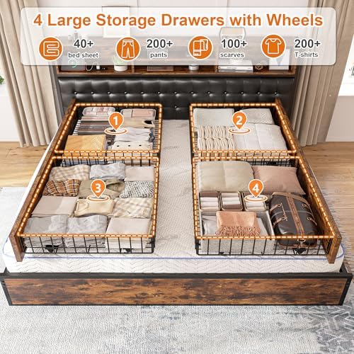 EnHomee Queen Bed Frame with 4 Drawers & Charge Station, Vintage Brown - Image 3