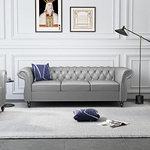 ORRD Chesterfield Sofa Leather, Modern PU Tufted Couch 3 Seater - Image 5