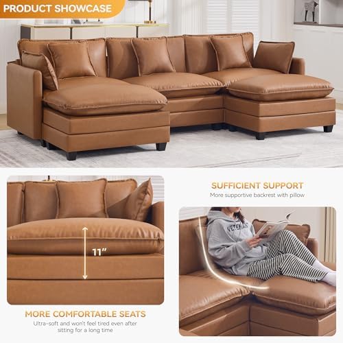 111'' Sectional Cloud Deep Seat Couch, Oversized Leather U Shaped Sectional Sofa - Image 3
