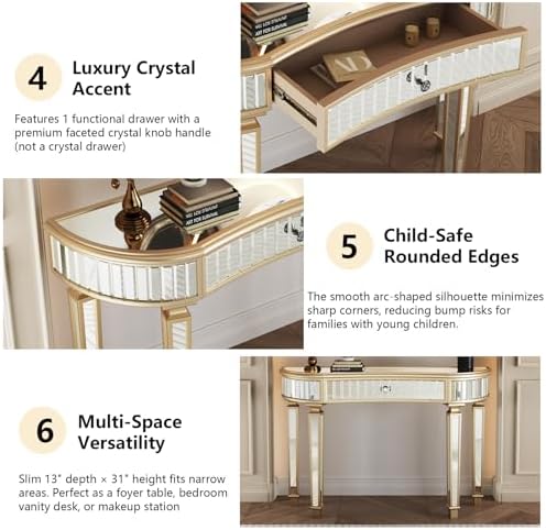 Gold Mirrored Console Table, Modern Luxury Entryway Vanity Desk Mirrored - Image 5