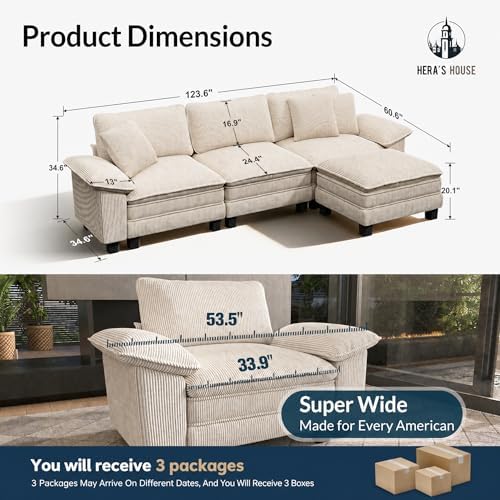 HERA'S HOUSE 124" Oversized Modular Sectional L Shaped Sofa, Corduroy Beige - Image 2