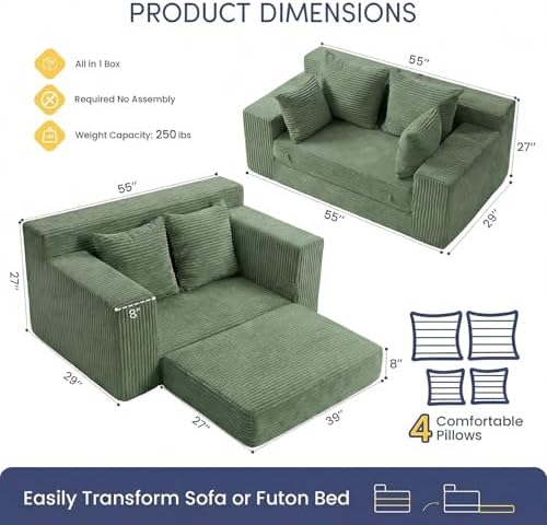 cidludto Convertible Sofa Bed, Boneless Couch 2 in 1 Loveseat Folding Couch Bed - Image 2