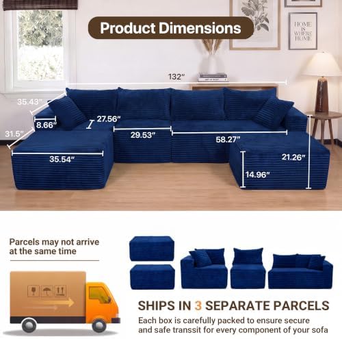 Claiks 132" Boneless Couch, U-Shape Corduroy Sectional Sofa - Image 2