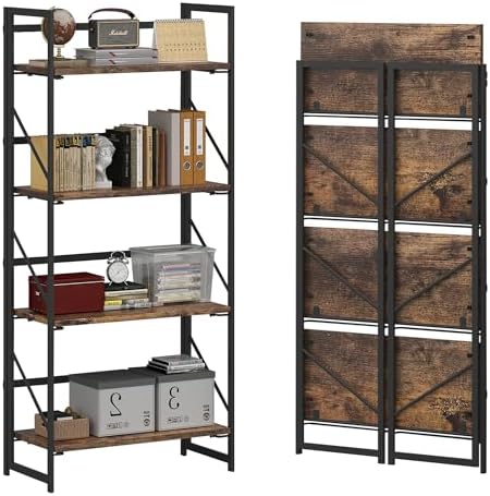 JSB No Assembly Folding Bookshelf, 4 Tier Industrial Metal Book Shelf by HomeFurniture