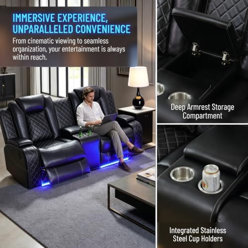 Power Recliner Set with LED, Sofa and Loveseat Set, Leather Reclining Sectional - Image 5