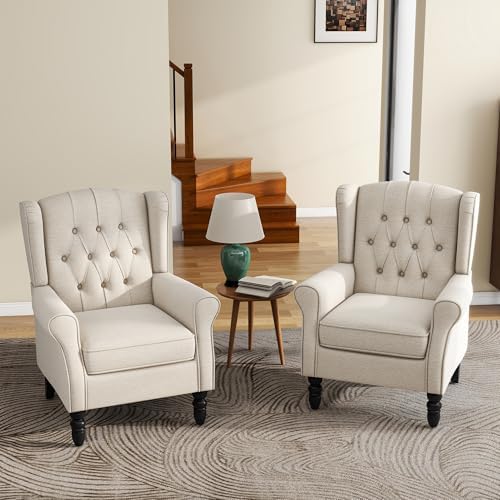 High Back Accent Chairs Set of 2, Wingback Armchair in Fabric - Image 3