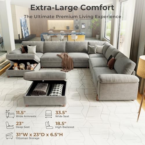 SITJOY Cloud Couch Sectional, 6 Seater V-Shaped, Chenille in Light Gray - Image 3