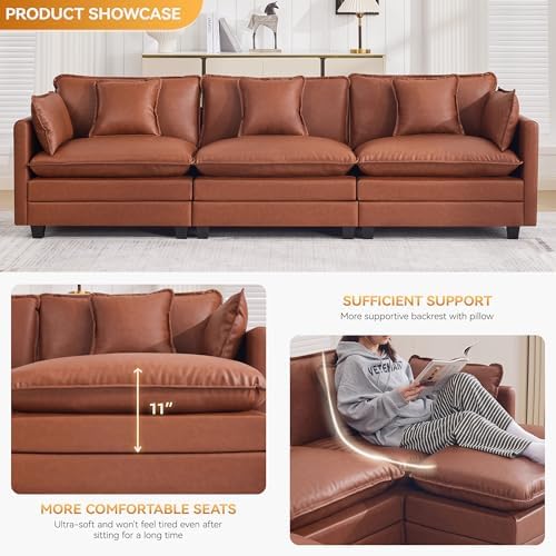 111'' Sectional Cloud Deep Seat Couch, Modular 3 Seater Sofa, Leather Brown - Image 3