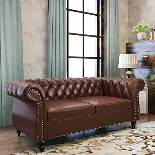 Chesterfield Loveseat, Modern Faux Leather Sofa Tufted Couch 2 Seater - Image 4