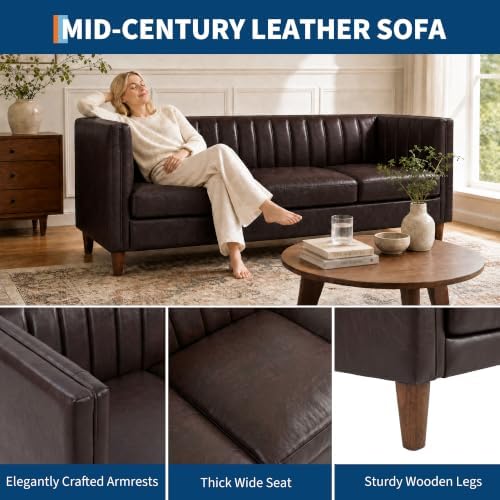 Garvee 81'' Brown Faux Leather Couch - Image 6