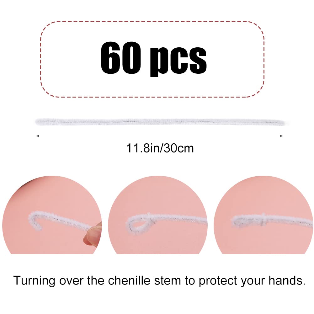 60 PCS White Pipe Cleaners - Bulk Art & Craft Pipe Cleaners Chenille Stem for Creative Home Decoration and Arts Crafts