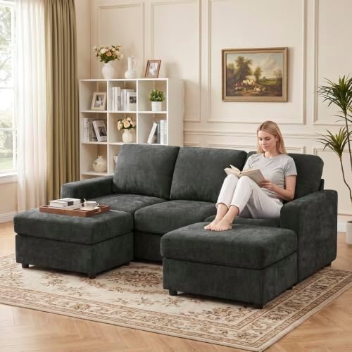 84” Chenille 3-Seater Sofa W/Two Movable Ottomans - Image 3