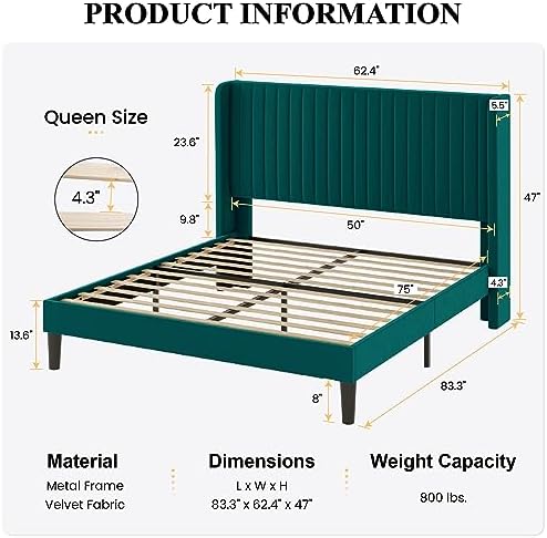 SHA CERLIN Queen Size Velvet Bed Frame, Tufted Wingback Headboard - Image 2