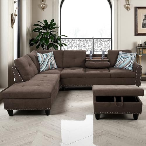 L-Shaped Couch Set, 97.5" L x 69.5" W Sectional Sofas Linen Brown by Topcomfy