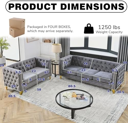 2 Piece 81" 3-Seater + 58" Loveseat Velvet Sofa Set, Buttons Tufted and Square - Image 2