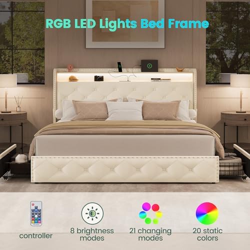 LARMACE Queen Bed Frame with 4 Storage Drawers, LED & USB Charging - Image 3