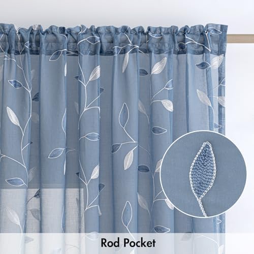 MIULEE Dusty Blue Sheer Curtains 2 Panels Leaf Patterned, W52 x L96 - Image 6
