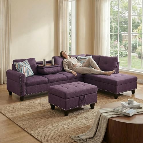 L-Shaped Couch Set, 97.5" L x 69.5" W Sectional Sofas Linen Purple - Image 2