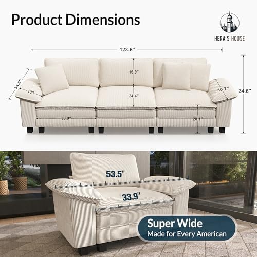 HERA'S HOUSE 124" Oversized Modular Sectional Straight Sofa, Corduroy Beige - Image 2
