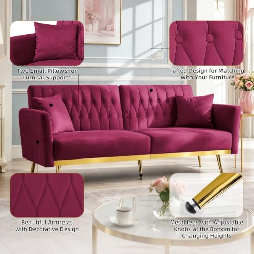 70” Velvet Futon Sofa Bed w/Adjustable Armrests - Image 4