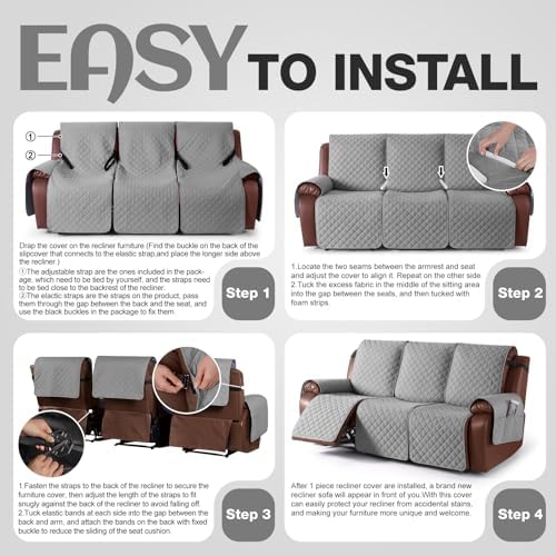 KinCam Waterproof Recliner Sofa Covers Washable, 3 Seater, Light Gray - Image 6