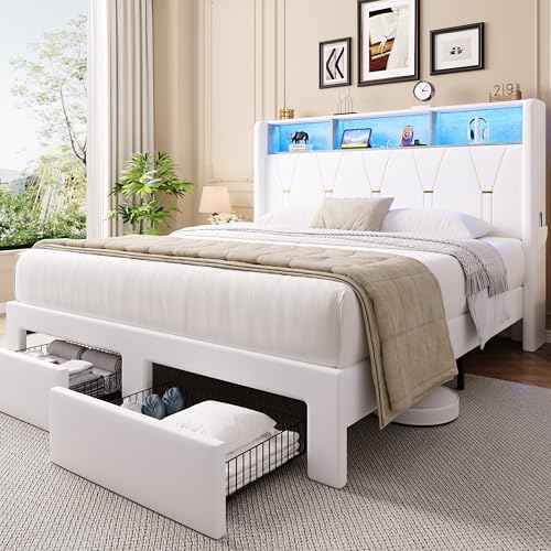 Allewie Queen Bed Frame with 2-Tier Storage Headboard, Charging Station & LED by Allewie