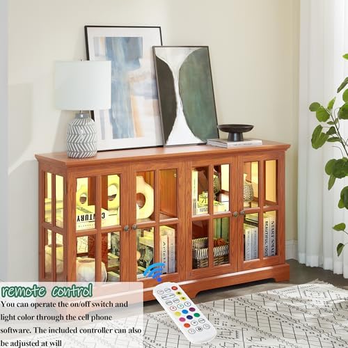 59" Glass Curio Display Storage Cabinet, 4 Doors LED Light Multipurpose - Image 6