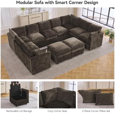 130" Brown Oversized Modular Storage Sofa, U Shaped Chenille Cloud Couch - Image 6