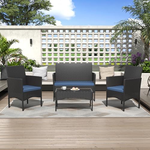 ALAULM 4 Pieces Patio Furnitrue Set Outdoor Patio Conversation Set Wicker by ALAULM