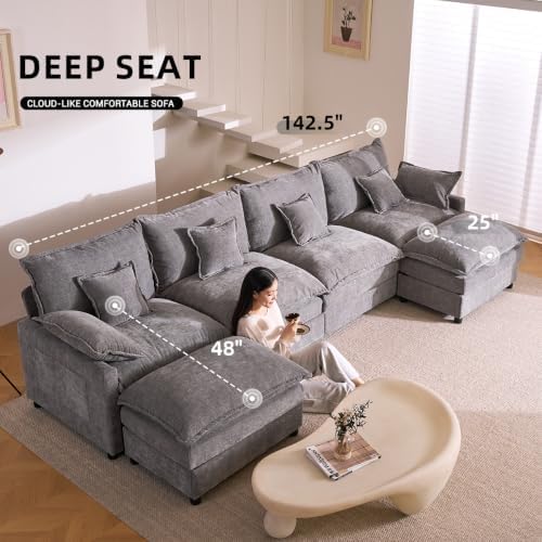 GOSUHI 142.5" U-Shaped Modular Cloud Couch, Deep Seat, Chenille Slate - Image 4