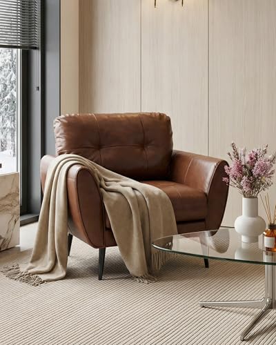 Brown Leather Accent Chair, Tufted Reading Arm Chair - Image 4
