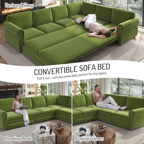 118" Chenille L-Shaped Pull-Out Chesterfield Sleeper Sofa, Grass Green - Image 4