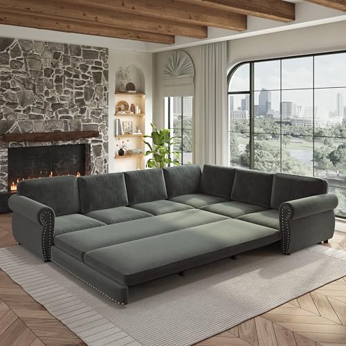 118" Chenille L-Shaped Pull-Out Sectional Vintage Sleeper Sofa, Dark Grey by Unknown