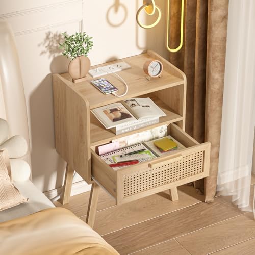 Lerliuo Rattan Nightstand with Charging Station, Boho Night Stand - Image 4