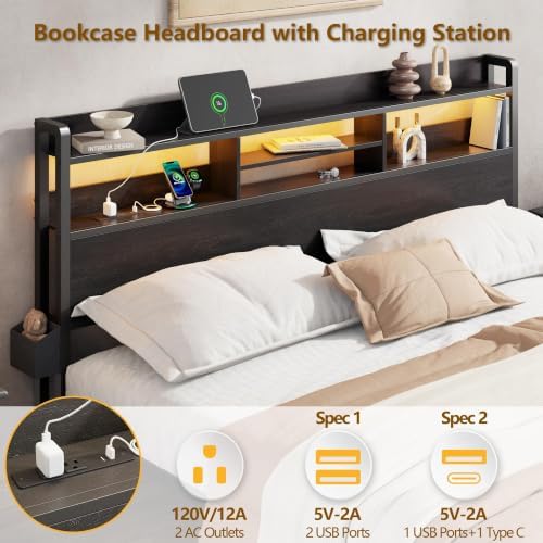 Furnulem Queen Bed Frame with Storage Headboard and LED Lights, 2 Drawers - Image 3
