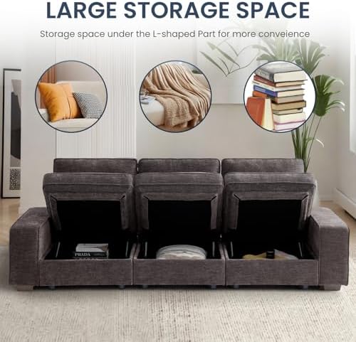 TEKAMON 128" Modular Sofa with Seats Storage, Comfy 4-Seater Chenille Fabric - Image 3