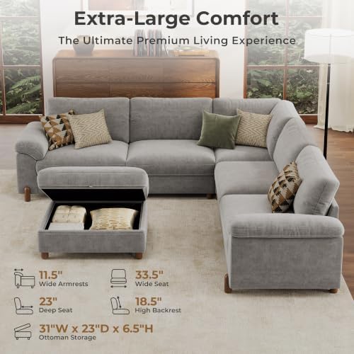 SITJOY Cloud Couch Sectional, 5 Seater V-Shaped, Chenille in Light Gray - Image 3