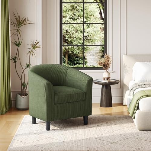 Yaheetech Accent Chairs, Corduroy Barrel Armchairs, Dark Green - Image 4