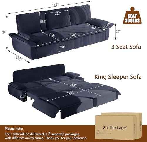 94.5'' Sleeper Sofa Bed King Size, Convertible Corduroy Couch, Dark Blue - Image 3
