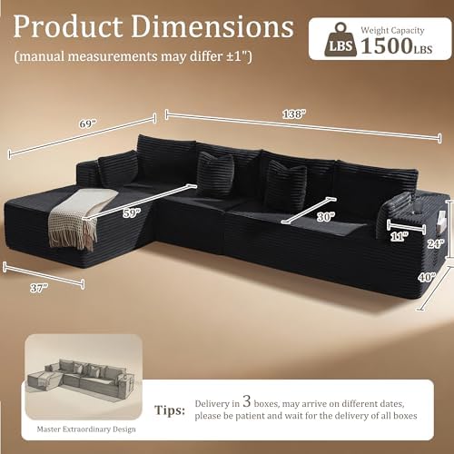 138" Oversized Cloud Sectional Couch, Comfort L Shaped Boneless Couch - Image 2