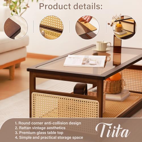 Tiita Bamboo Coffee Table, Glass Top, Rattan Storage, 2-Tier Storage - Image 4